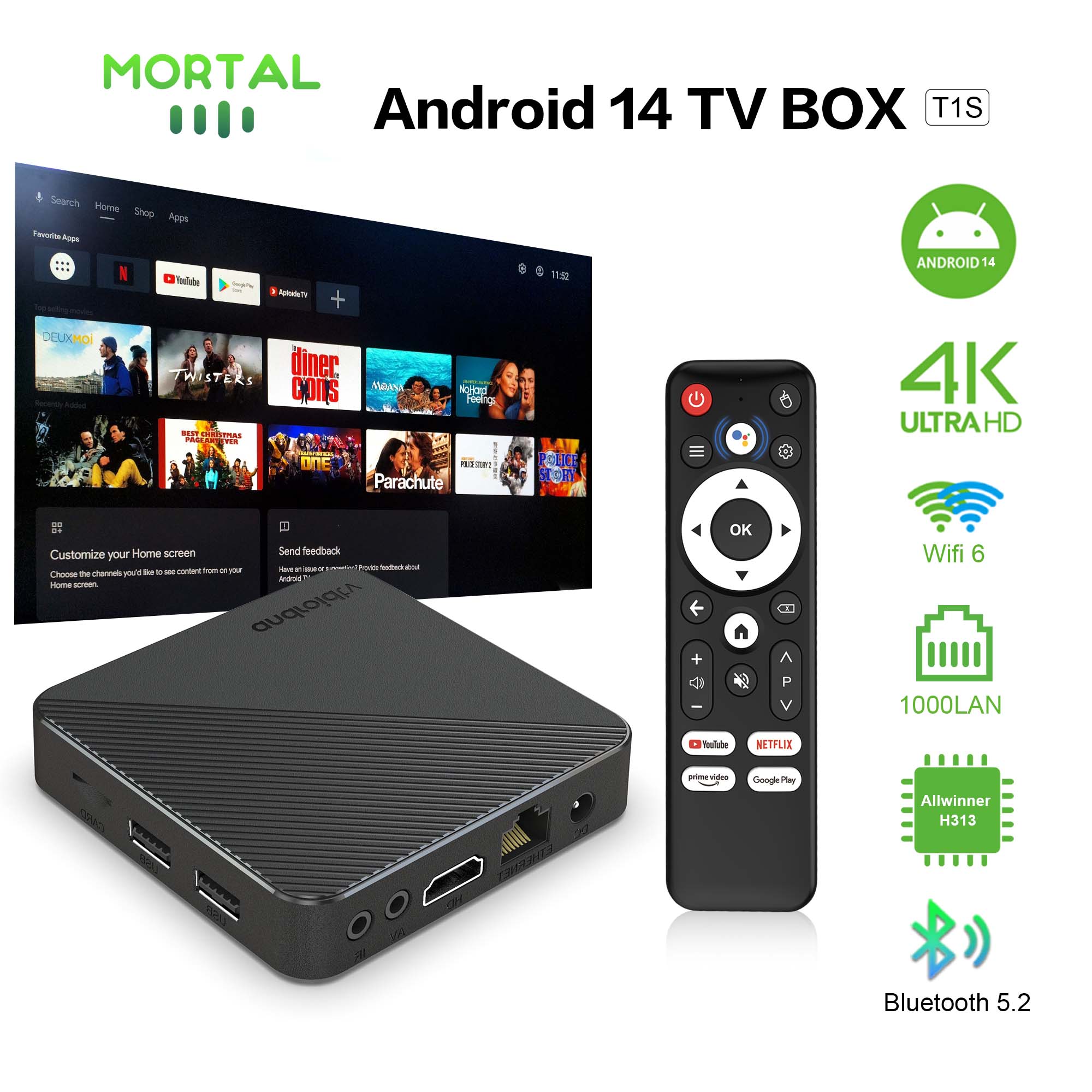 Home Cinema Media Player - กล่องทีวีโฮมเธียเตอร์อัจฉริยะ Android14 T1S AllwinnerH313 ชิป Quad